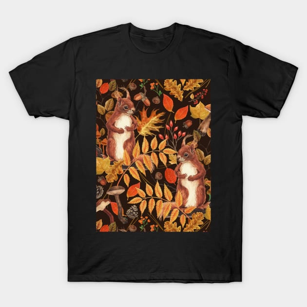 Autumn squirrels and autumnal flora on dark brown T-Shirt by katerinamk